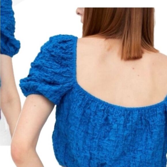 ZARA blue puff sleeve textured stretchy crop top BoHo bohemian - Picture 3 of 6